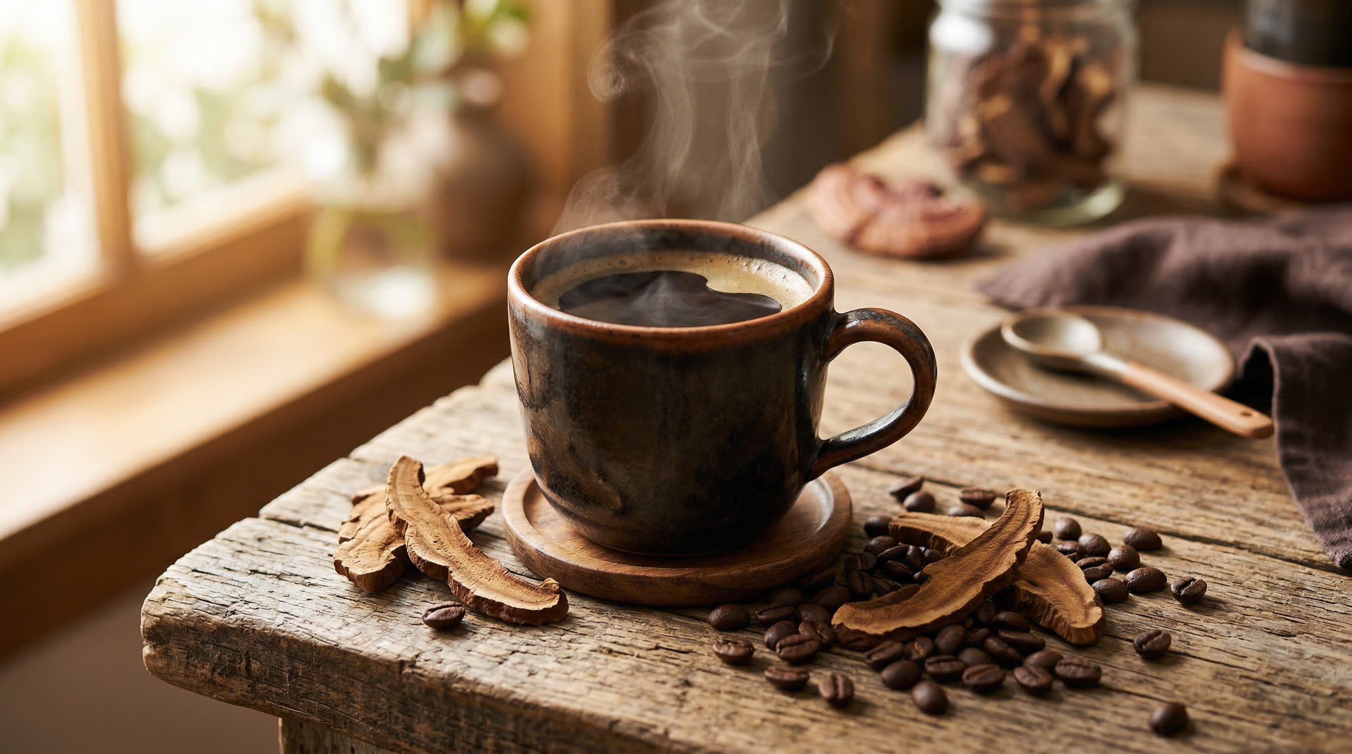 Steaming cup of ganoderma coffee with reishi mushroom slices and coffee beans on a rustic wooden surface